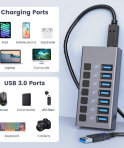 Powered USB Hub - ACASIS 7 Ports 36W USB 3.0 Data Hub - with Individual On/Off Switches and 12V/3A Power Adapter USB Hub 3.0 Splitter for Laptop, PC, Computer, Mobile HDD, Flash Drive and More 30 71oFSeJsO7L
