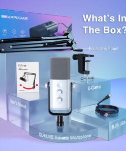 FIFINE Gaming XLR/USB Microphone Kit, Streaming Dynamic Mic Set for PC, Computer Mic for Vocal Podcast Recording Voiceover, with Headphones Jack, Gain Knob, Arm Stand-AmpliGame AM8T White 37 71oFW5B4olL 1