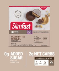 SlimFast Low Carb Chocolate Snacks, Keto Friendly for Weight Loss with 0g Added Sugar & 3g Fiber, Peanut Butter Chocolate, 14 Count Box (Packaging May Vary) Peanut Butter Snack Cup 26 71oNa0QFxpL