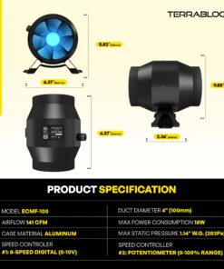 TerraBloom 4 Inch Inline Fan ECMF-100 - Quiet HVAC Grow Tent Fan with Digital Speed Controller- Premium Metal Casing 40-75% Energy Efficient EC Motor - For Large Spaces 4" / 100mm Diameter (141CFM, 21W, Steel Housing) 29 71oTCr8hLXL