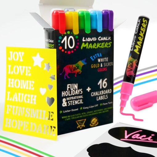 Vaci 10 Multicolored Liquid Chalk Markers | Erasable, Non-Toxic, Water-Based Pens | 6 mm Reversible Tips - Bullet & Chisel | On Chalkboards, Windows, Glass, Mirrors, Blackboards & More | Kids & Adults 10 Markers Set + Drawing Stencils