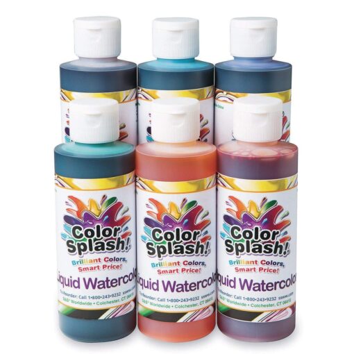 S&S Worldwide Color Splash! Liquid Watercolor Paint, 6 Vivid Colors, 8-oz Flip-Top Bottles, for All Watercolor Painting, Use to Tint Slime, Clay, Glue, Shaving Cream, Non-Toxic. Pack of 6. 8oz