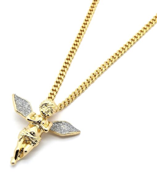 Gold Tone Silver Stardust Long Wings Angel Pendant Hip-hop with 3mm 30" Cuban Chain