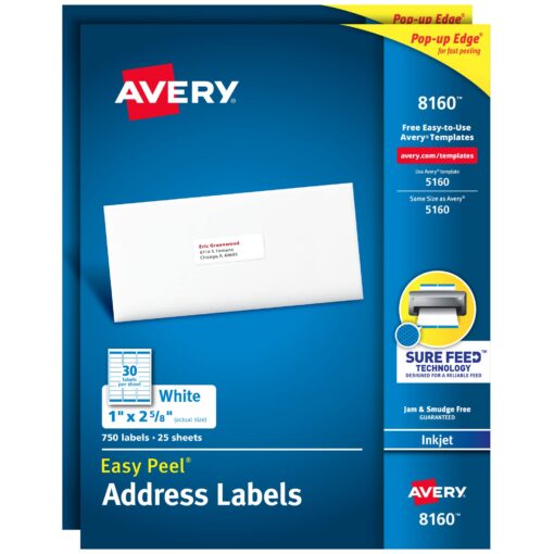 Avery Easy Peel Printable Address Labels with Sure Feed, 1" x 2-5/8", White, 750 per Pack, 2 Packs, 1,500 Blank Mailing Labels Total (08160) 1500 labels