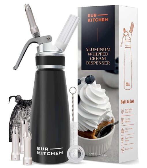 Professional Aluminum Whipped Cream Dispenser - Leak-Free Whip Cream Maker Canister with 3 Decorating Nozzles & Cleaning Brush - 1-Pint / 500 mL Cream Whipper - N2O Chargers (Not Included) 2