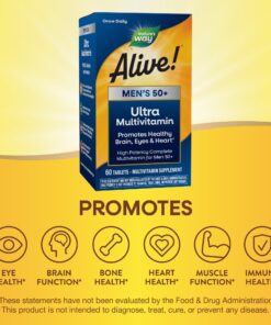 Nature's Way Alive! Men’s 50+ Daily Ultra Multivitamin, High Potency Formula, Supports Healthy Brain, Eyes & Heart*, Gluten-Free, 60 Tablets (Packaging May Vary) 21 71omlvnzKrL 1