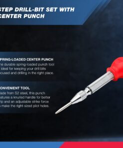 NEIKO 10169A Step Drill Bit Set and Automatic Center Punch | 5 Piece, 41 SAE Sizes Total, 1/8” – 1-3/8” | Titanium High Speed Steel Unibit, Stepper Cone Drill Bit | Two Flute Step Down Bits Straight Tri-Flat Shank 1/8 to 1-3/8", 4 bits 20 71owBxpJs9L
