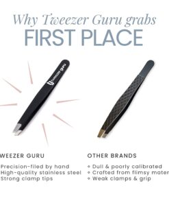 Tweezer Guru Tweezers for Women - Slant Pointed Precision Tweezers for Eyebrows & Ingrown Hair Removal - Blackhead and Splinter Tweezer with Sharp Needle Nose Point for Plucking (Black) 1 Count (Slant) Black 29 71p0nCsik4L