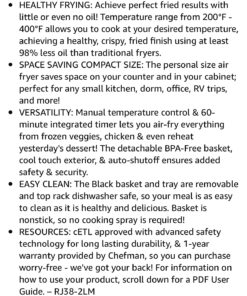 CHEFMAN Small, Compact Air Fryer Healthy Cooking, 2 Qt, Nonstick, User Friendly and Adjustable Temperature Control w/ 60 Minute Timer & Auto Shutoff, Dishwasher Safe Basket, BPA - Free, Black 2 Quart 49 71p54VGHZVL 1