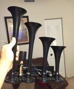 Vixen Horns Train Horn for Truck/Car. 4 Air Horn Black Trumpets. Super Loud dB. Fits 12v Vehicles like Semi/Pickup/Jeep/RV/SUV VXH4124B Quad Trumpet In-Line Black 35 71p866 YobL