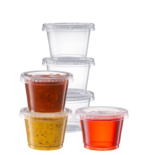 Pantry Value [100 Sets - 1 oz.] Cups with Lids, Small Plastic Condiment Containers for Sauce, Salad Dressings, Ramekins, & Portion Control 1 oz. - Clear