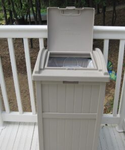 Suncast 33 Gallon Hideaway Trash Can for Patio - Resin Outdoor Trash with Lid - Use in Backyard, Deck, or Patio - Taupe 1 Pack 39 71p9p8GtOL