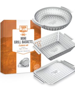 Grill Basket - Yukon Glory™ 3-Piece Mini Grilling Basket Set - Stainless Steel Perforated Grill Baskets for Grilling Veggies Seafood and Meats Includes Grill Pan - Square Basket and Circular Basket 28 71pN8zObZ2L