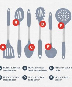 Culinary Couture 6-Piece Stainless Steel & Silicone Kitchen Utensils Set, Silicone Cooking Utensils, Heat Resistant Kitchen Cooking Utensils Set, Includes a Bonus Recipe E-Book, Grey 6 Piece - Large Gray 9 71pSbvFW6pL