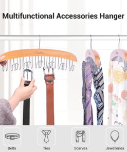 Alternative view of Belt Hanger Organizer for Closet, Ohuhu Wooden 12 Hooks Belt Rack Tie Holder for Storage, 360 Degree Rotating Belt Display Space Saver for Men Women Belt Tie Scarf Tank Top Accessories 1 Pack Burlywood