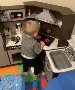 Amazon Basics Kids Corner Wooden Kitchen Toy Playset with Stove, Oven, Sink, Fridge and Accessories, for Toddlers, Preschoolers, Children Age 3+ Years, Espresso/Gray, 39.37"L x 28.35"W x 35.04"H Corner Kitchen 37 71pnHNJkyML