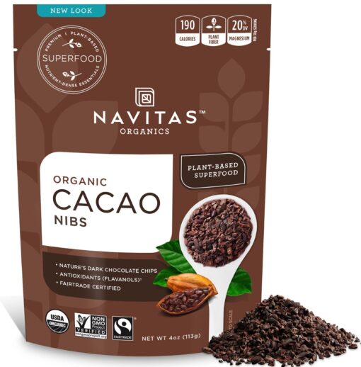 Navitas Organics Raw Cacao Nibs, 4 oz. Bag, 38 Servings — Organic, Non-GMO, Fair Trade, Gluten-Free Regular 4 Ounce (Pack of 1)