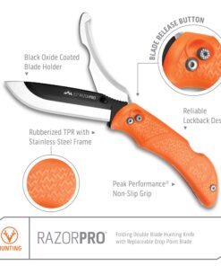 Alternative view of OUTDOOR EDGE RazorPro Double Blade Folding Hunting Knife - Field Butcher Knife with Replaceable RazorSafe & Gutting Blades, Orange Non-Slip Handle, Camo Holster, & 6 Blades. Must-Have Hunting Gear Orange (6 Blades)