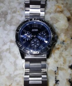 GUESS Stainless Steel Stain Resistant Silicone Watch with Day, Date + 24 Hour Military/Int'l Time Blue/Blue/Silver Tone 36 71pwbRYRd8L