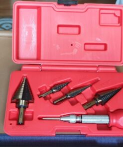 NEIKO 10169A Step Drill Bit Set and Automatic Center Punch | 5 Piece, 41 SAE Sizes Total, 1/8” – 1-3/8” | Titanium High Speed Steel Unibit, Stepper Cone Drill Bit | Two Flute Step Down Bits Straight Tri-Flat Shank 1/8 to 1-3/8", 4 bits 31 71pyIWz lL