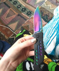 TAC Force Spring Assisted Folding Pocket Knife – Rainbow TiNite Coated Drop Point Blade and Liner, Black Aluminum Handle w/ Rope Cutter, Glass Punch, and Clip, Tactical, EDC, Rescue - TF-509 4.75 inch 39 71q08yc1iRL
