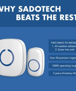 SadoTech Wireless Doorbells for Home, Apartments, Businesses, Classrooms, etc. - 1 Door Bell Ringer & 2 Plug-In Chime Receiver, Battery Operated, Easy-to-Use, Wireless Doorbell w/LED Flash, Gray 1 push button + 2 receiver 19 71q1oMIpoHL 1