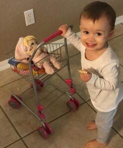 Precious Toys Shopping Cart with Food, Play Grocery Cart with 23 Pieces, Fits 18 inch Baby Dolls, Smooth Rolling Wheels, Folds for Easy Storage, Gift for Kids Ages 2+,Pink & Black 46 71q33QslhxL