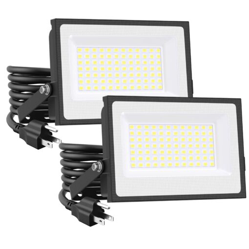 Onforu 2 Pack 60W LED Flood Light, 6000lm, IP66 Waterproof Work Light with Plug, 6500K Daylight White Super Bright Security Light for Outdoor, Yard, Garden, Garage, Lawn 60.0 Watts