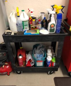 Rubbermaid Commercial Products 2-Shelf Service/Utility Cart with Wheels, 300-Pound Capacity, Black, Lipped Shelves with Handle, Use in School/Restaurant/Warehouse/Manufacturing Small 28 71q6TDd8A8L