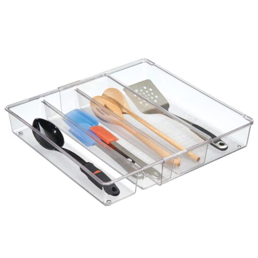 mDesign Plastic Adjustable/Expandable Divided Drawer Storage Organizer with 4 Compartments for Kitchen Pantry, Cupboard, Cabinet, Hold Silverware, Utensils, Cutlery - Ligne Collection - Clear 4 Compartment Expandable Pack of 1