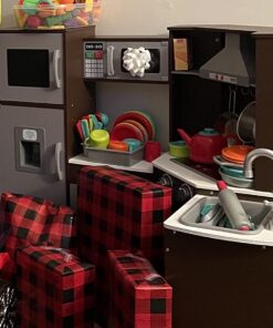 Amazon Basics Kids Corner Wooden Kitchen Toy Playset with Stove, Oven, Sink, Fridge and Accessories, for Toddlers, Preschoolers, Children Age 3+ Years, Espresso/Gray, 39.37"L x 28.35"W x 35.04"H Corner Kitchen 45 71qAyLLECLL