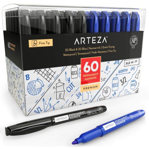 Arteza Permanent Markers in Bulk, Set of 60, Black & Blue Fine Tip Permanent Markers, Waterproof, Premium Smear Proof Pens, Quick Drying, Office Supplies for Home, Office, School Black/Blue