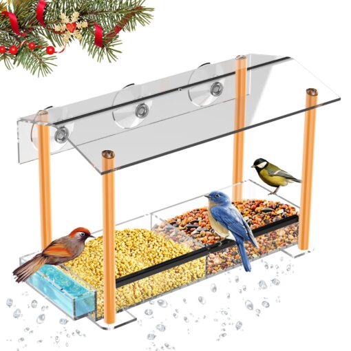 HHXRISE Bird Feeder, Window Bird Feeder for Outside with Strong Large Size Suction Cups, Clear Acrylic Bird House for Viewing with Detachable Seed Tray, Drinking-Water Sink, Rainproof Roof, Drain Hole Yellow