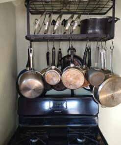 Vdomus Hanging Pot Rack - Rustproof Wall Mounted Pot Rack Pan Hanger for Kitchen Storage & Organization - Durable, Thick Iron Material - Easy Setup 2-Tier Pot Shelf Wall Mount Pot Holder - Black 38 71qGPSGd IL 2