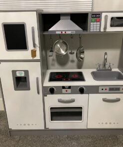 Amazon Basics Kids Upright Wooden Kitchen Toy Playset with Stove, Oven, Sink, Fridge and Accessories, for Toddlers, Preschoolers, Children Age 3+ Years, White & Gray, 39"L x 11.8"W x 39'H' Upright Kitchen 36 71qH7gL93bL 1