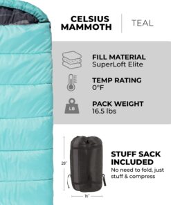 TETON Sports Mammoth Queen Size Sleeping Bag- Double Sleeping Bag – A Warm Bag The Whole Family can Enjoy – Great Sleeping Bag for Camping, Hunting and Base Camp. Compression Sack Included Teal Mammoth 0F 38 71qTbWQsdnL
