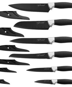 Chef Essential Carbon Steel Culinary Knife Set – 6-Piece Sharp Knife Set – Meat, Veggie, Bread Knife Set – Nonstick Chef Knife Cooking Knives – Professional Sharp Kitchen Knife Set Without Block Solid Black Set 22 71qb8akA6DL