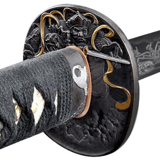 Handmade Sword - Samurai Katana Sword, Battle Ready, Hand Forged, 1045 Carbon Steel, Heat Tempered, Full Tang, Sharp, Fudo Myoo Tsuba, Fudo Myoo Engraving on The Blade, Red/Black Wooden Scabbard