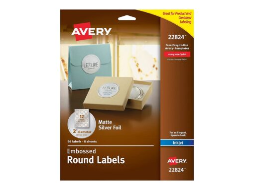 Avery Printable Embossed Foil Round Labels, 2" Diameter, Silver, 96 Customizable Labels (22824)