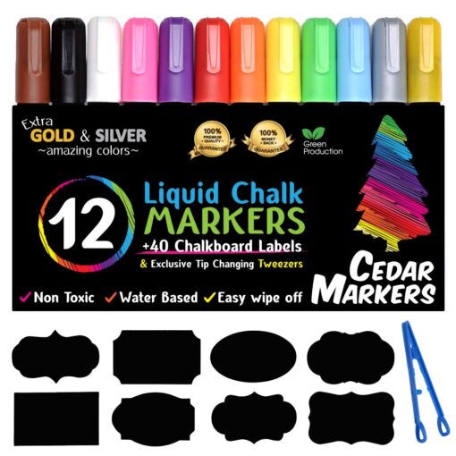 Cedar Markers Liquid Chalk Markers - 12 Pack With 40 Chalkboard Labels - Bold Neon Color Pens Including Gold And Silver Paint. Dry Erase Markers for Windows, Glass, Chalkboard with Reversible Tip.