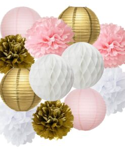 Baby Shower Decorations Furuix 12pcs Pink Gold Party Decorations Tissue Paper Pom Pom Honeycomb Ball and Paper Lantern for One Year Old Girls' Princess Birthday Decorations 16 71rN4wu3gL