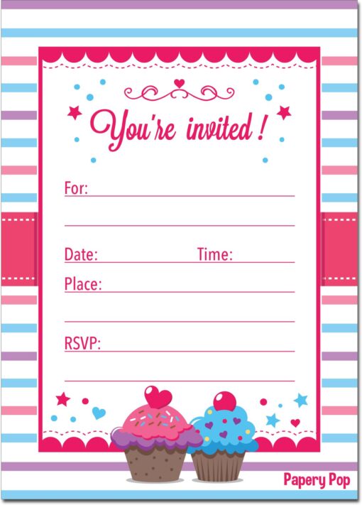 30 Cupcake Birthday Invitations with Envelopes (30 Pack) - Kids Birthday Party Invitations for Girls or Boys