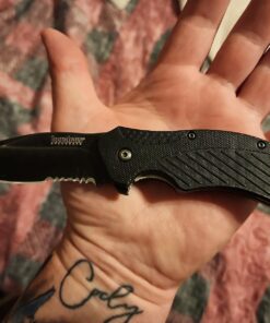 Kershaw Clash Black Serrated Pocketknife, 3" 8Cr13MoV Steel Drop Point Blade, Assisted One-Handed Flipper Opening, Folding Utility EDC 49 71rRrcd51GL