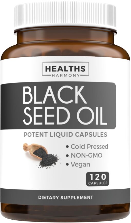 Black Seed Oil - 120 Softgel Capsules Skin Health (Non-GMO & Vegan) Cold-Pressed Nigella Sativa Producing Pure Black Cumin Seed Oil with Vitamin E - 500mg Each, 1000mg Per 2 Capsule Serving Capsules (120 Count)