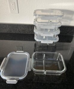 JoyJolt Divided Food Storage Containers with Lids Airtight. 5 Pack Glass Meal Prep Containers 2 Compartment Set Glass Bento Box. Reusable Food Containers, Portion Control Containers for Weight Loss Gray 59 71rk43cANbL