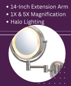 JERDON Two-Sided Wall-Mounted Makeup Mirror with Halo Lighting - Lighted Makeup Mirror with 5X Magnification & Wall-Mount Arm - Plug in Round Mirror with Nickel Finish Wall Mount - Model HL65N 19 71s6H6tig8L