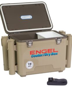 Engel UC19 19qt Leak-Proof, Air Tight, Fishing Drybox Cooler with Built-in Fishing Rod Holders, Also Makes The Perfect Small Hard Shell Lunchbox for Men and Women Tan 16 71s84b5Kv9L