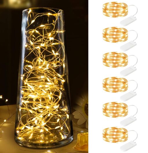 6 Pack Fairy Lights Battery Operated - 7ft 20 LED Waterproof Mini Silver Wire String Lights for Wedding Mason Jars Crafts Shelves Walls Christmas Garlands Party, Warm White 6 Pack