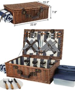 HappyPicnic Extra Large Willow Picnic Basket with Service Set for 4 Persons, Natural Wicker Picnic Hamper with Free Food Cooler, Fleece Blanket and Tableware - Best Gift Modern 13 71sWX6YAOfL