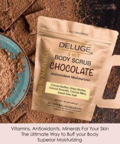Deluge Chocolate Scrub for Cellulite and Stretch Marks, Body Exfoliant and Hydrating Cellulite Treatment with Shea Butter, Coconut Oil and Dead Sea Salt Firms, Tones and Moisturizes Skin (10 oz) 10.00 Ounce (Pack of 1) 9 71sWipioc8L
